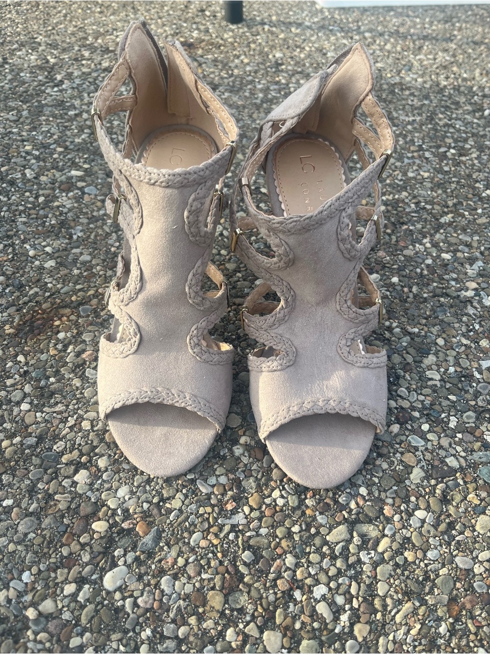 LC Lauren Conrad Dusty Taupe Suede Cutout Heeled Sandals